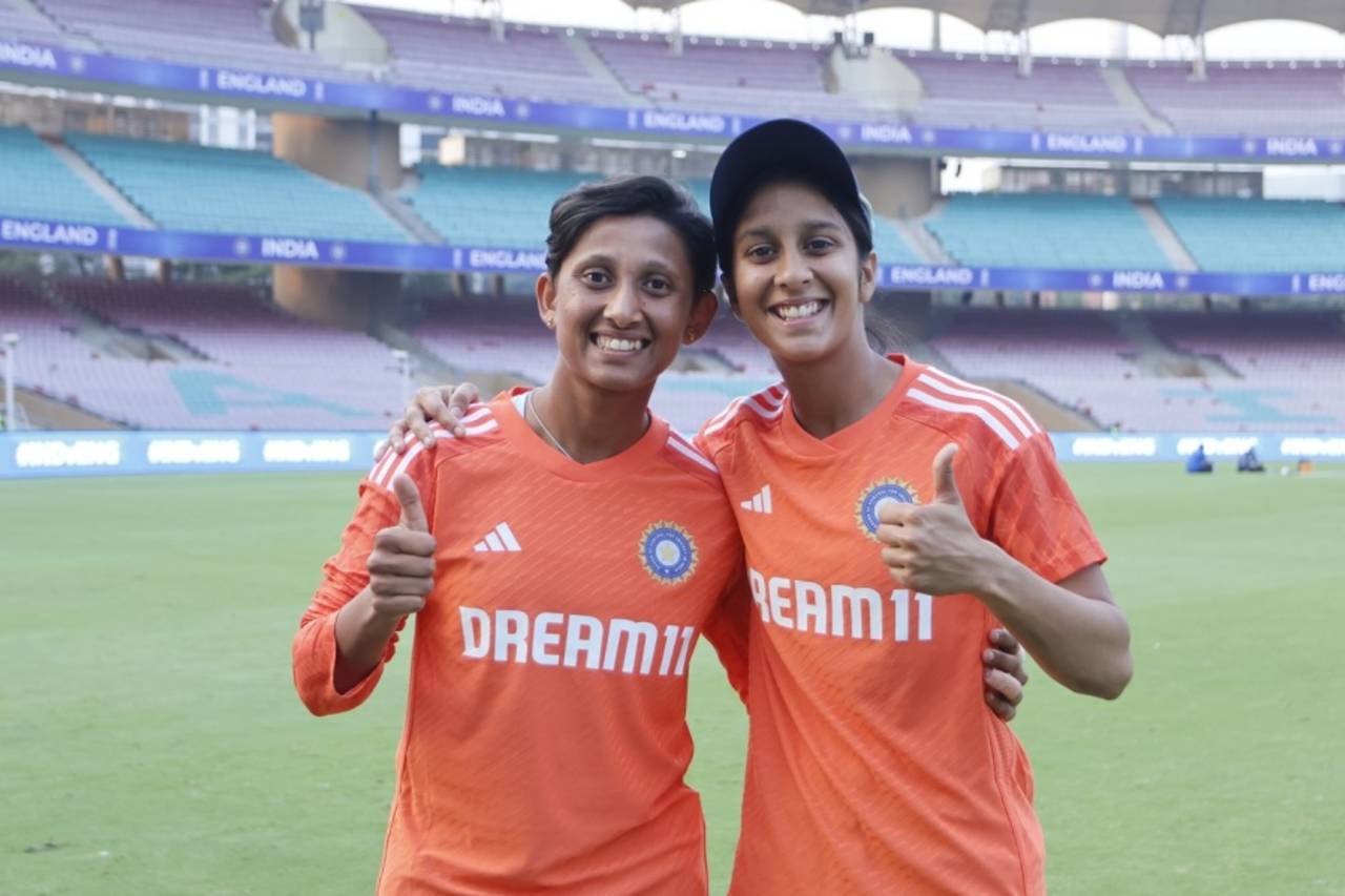 Satheesh Shubha and Jemimah Rodrigues pose after the first day, India vs England, One-off women's Test, DY Patil Stadium, 1st day, December 14, 2023