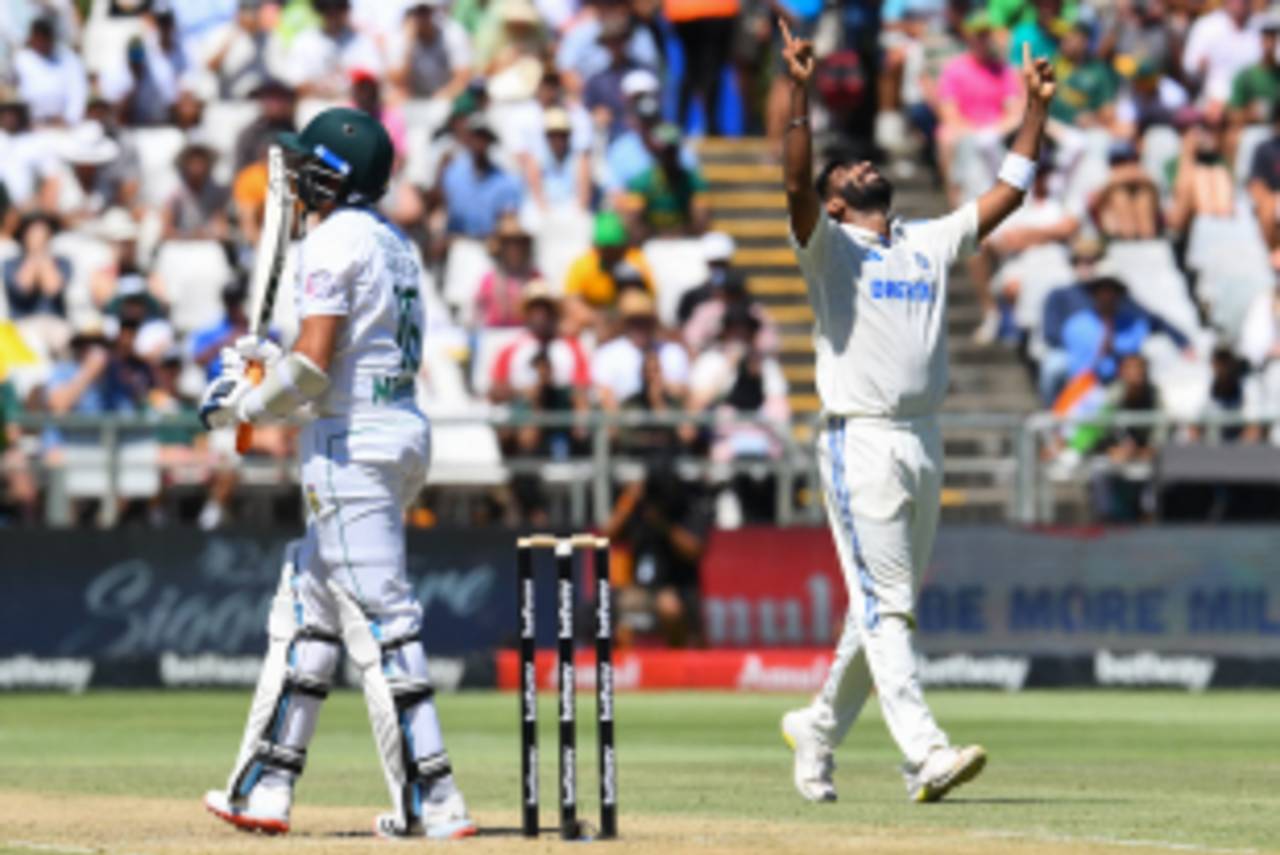 Jasprit Bumrah celebrates the wicket of Keshav Maharaj&nbsp;&nbsp;&bull;&nbsp;&nbsp;AFP/Getty Images