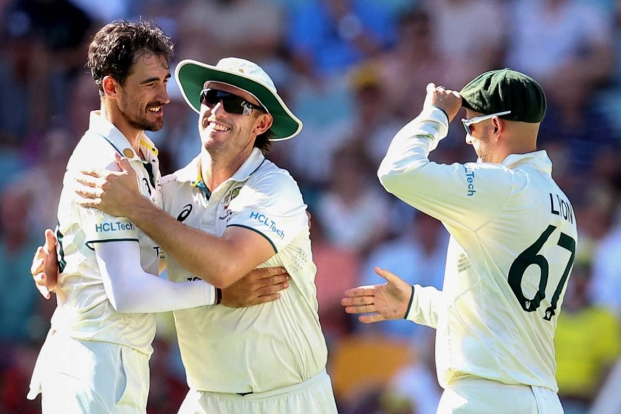 Mitchell Starc is congratulated on reaching 350 Test wickets, Australia vs West Indies, 2nd Test, Brisbane, day 1, January 25, 2024