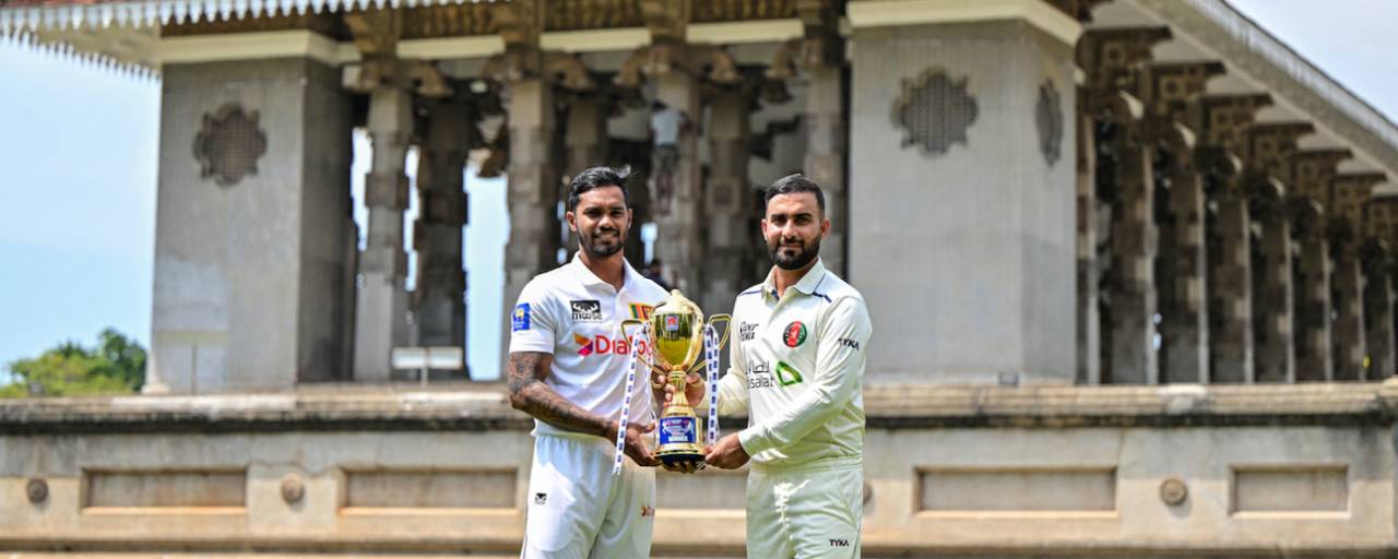 Dhananjaya de Silva and Hashmatullah Shahidi pose with the trophy they will compete for, Sri Lanka vs Afghanistan, Only Test, Colombo, February 1, 2024