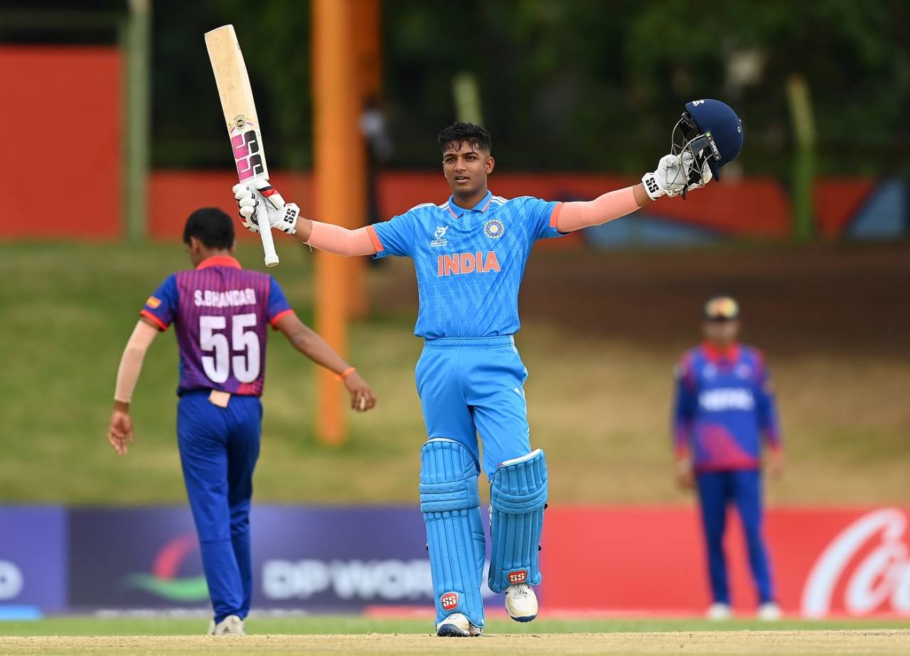 Sachin Dhas celebrates his century, India vs Nepal, Bloemfontein, Under-19 Men's World Cup, February 2, 2024