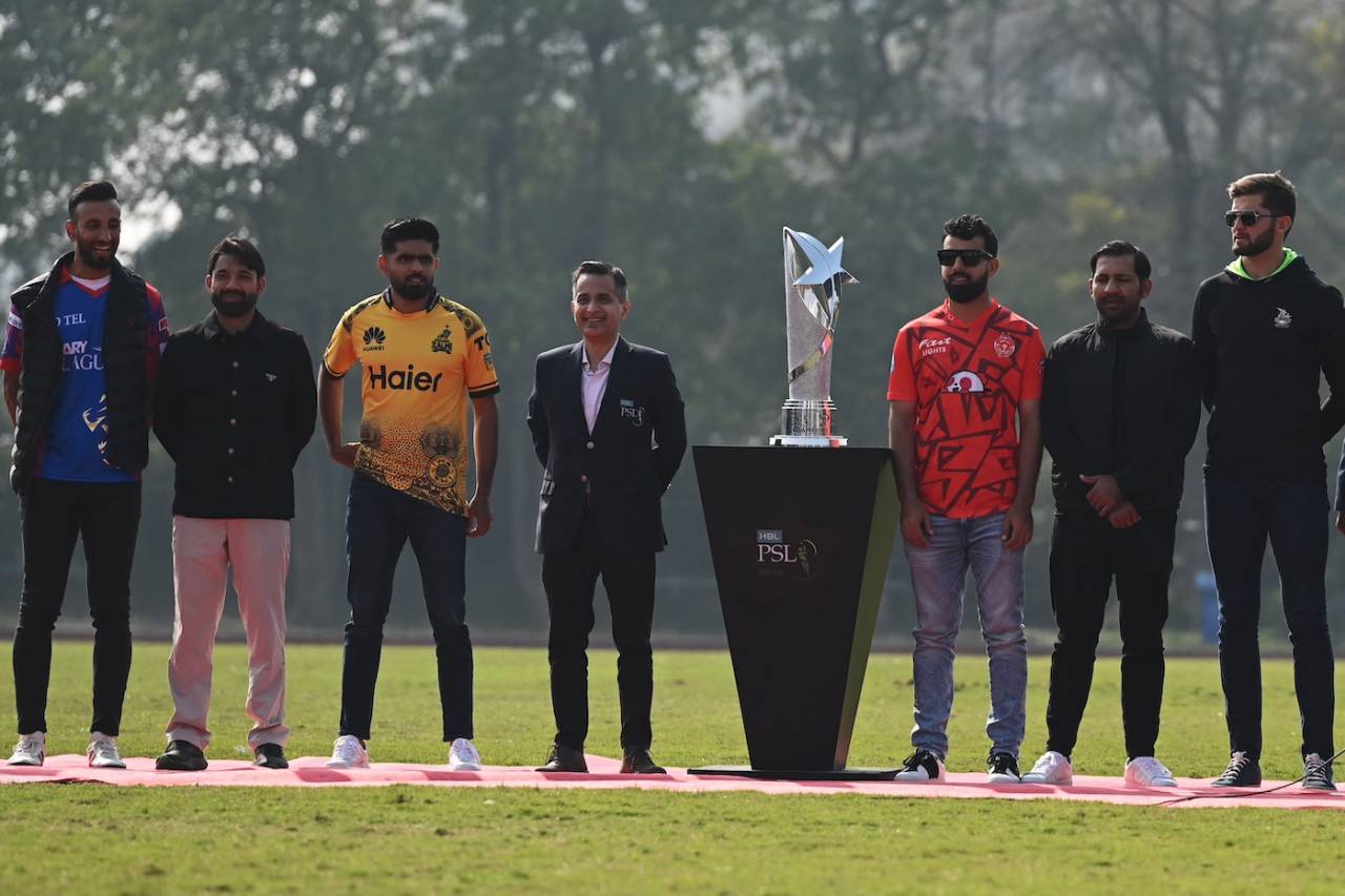 The six captains pose with the PSL trophy, Lahore, February 13, 2024
