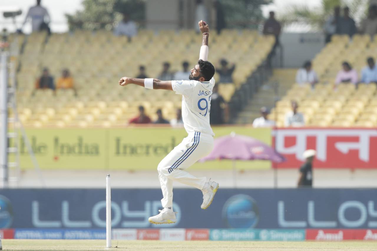 Jasprit Bumrah in delivery stride, India vs England, 3rd Test, Rajkot, 2nd day, February 16, 2024