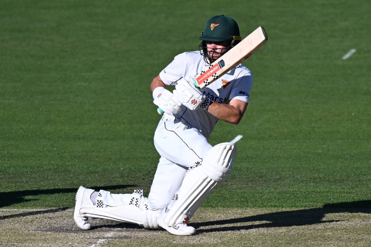 Caleb Jewell finished the day unbeaten on 98, Tasmania vs Western Australia, Sheffield Shield, Hobart, February 17, 2024
