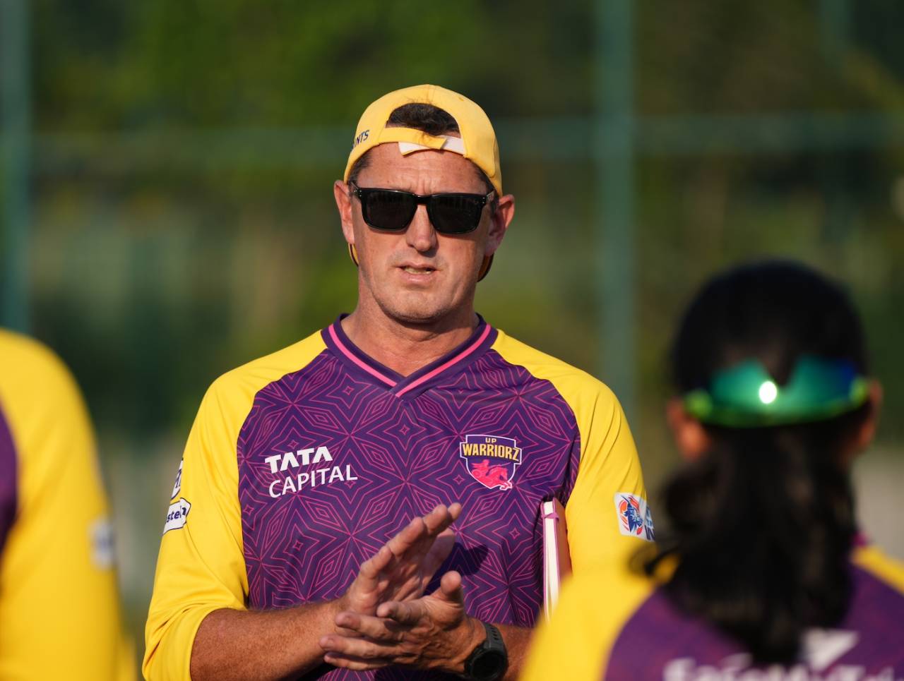 UP Warriorz head coach Jon Lewis with his team, WPL 2024, Bengaluru, February 22, 2024