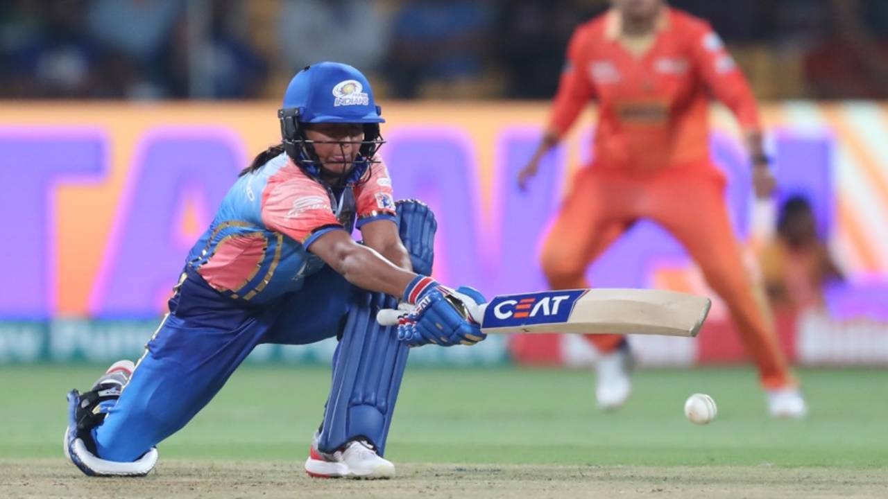 Harmanpreet Kaur goes down to sweep the ball, Gujarat Giants vs Mumbai Indians, WPL 2024, Bengaluru, February 25, 2024