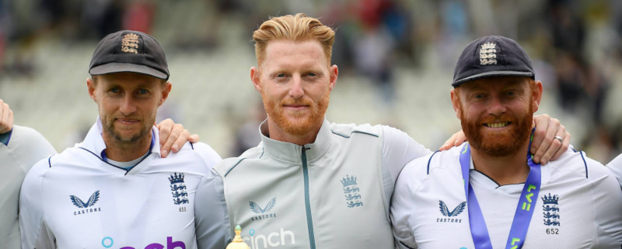 James Anderson, Joe Root, Ben Stokes and Jonny Bairstow with the Pataudi Trophy after England's win, England vs India, 5th Test, Birmingham, 5th day, July 5, 2022