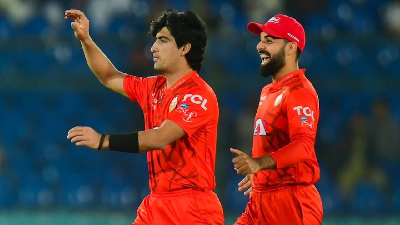 Naseem Shah and Shadab Khan celebrate a wicket, Islamabad United vs Quetta Gladiators, Eliminator, Pakistan Super League (PSL), Karachi, March 15, 2024