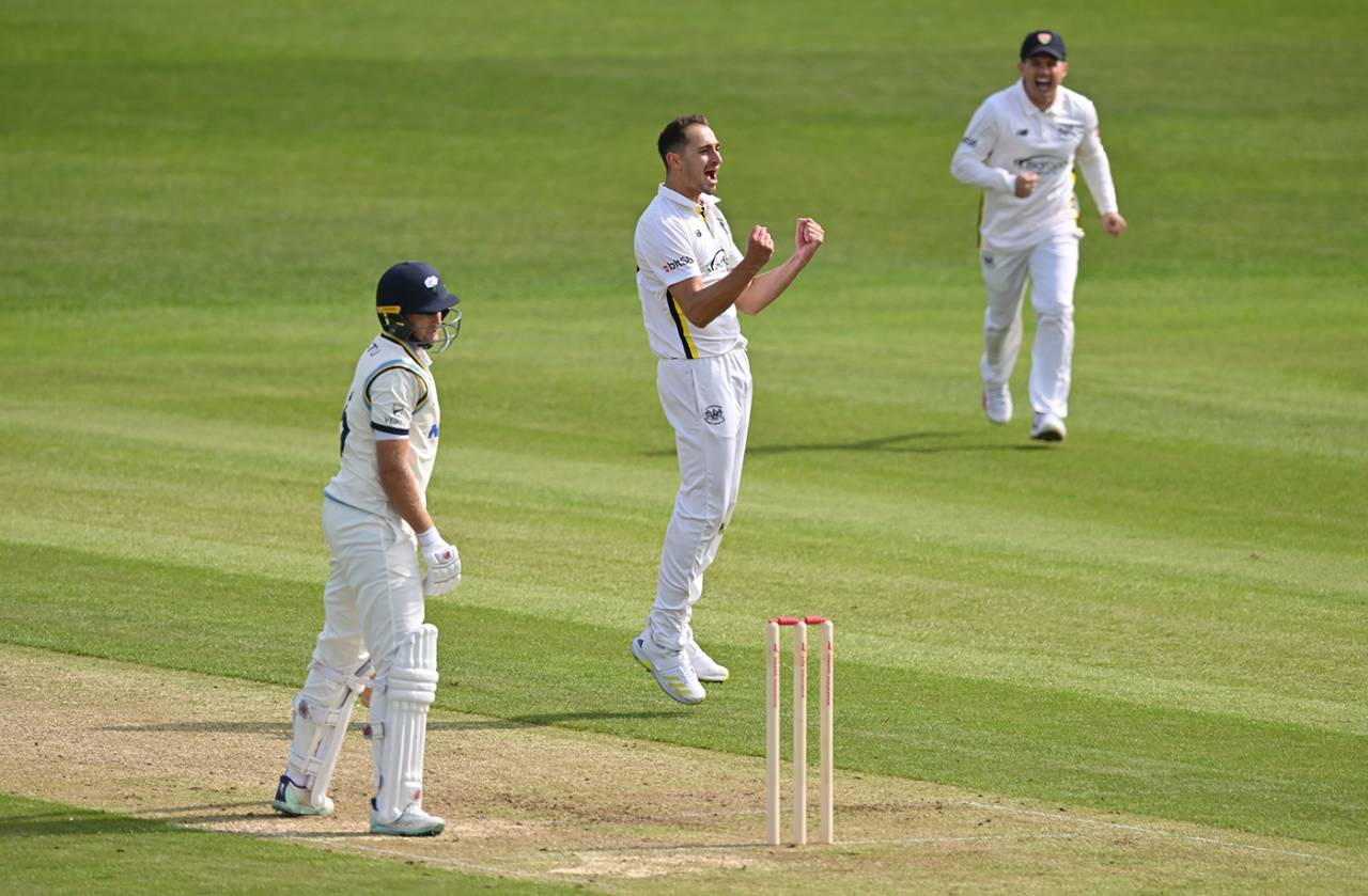Zaman Akhter trapped Joe Root lbw for 2, Gloucestershire vs Yorkshire, County Championship, Division Two, Bristol, April 12, 2024