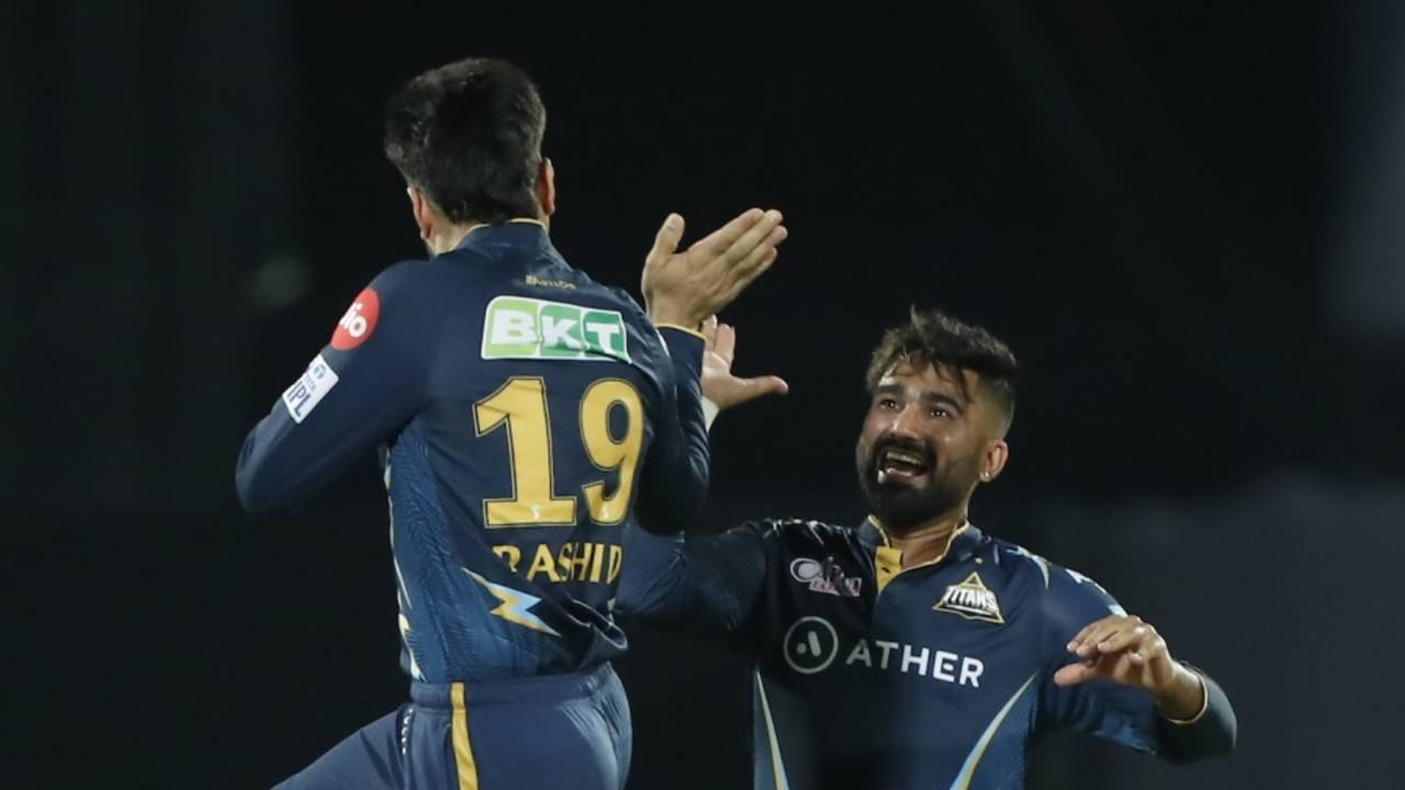 Rashid Khan and Rahul Tewatia celebrate the wicket of R Ashwin, Rajasthan Royals vs Gujarat Titans, IPL 2023, Jaipur, May 5, 2023