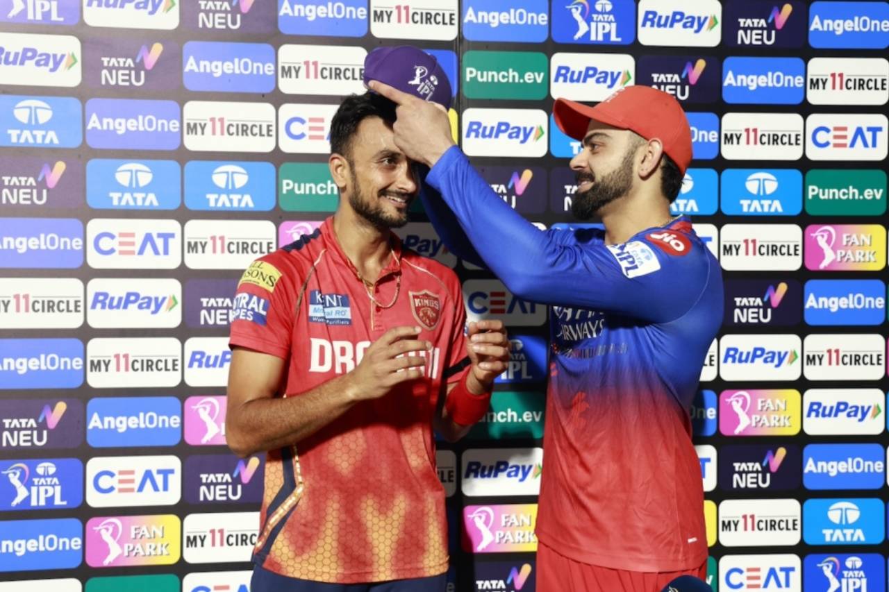 Orange Cap holder Virat Kohli gives Harshal Patel the Purple Cap, Punjab Kings vs Royal Challengers Bengaluru, IPL 2024, Dharamsala, May 9, 2024