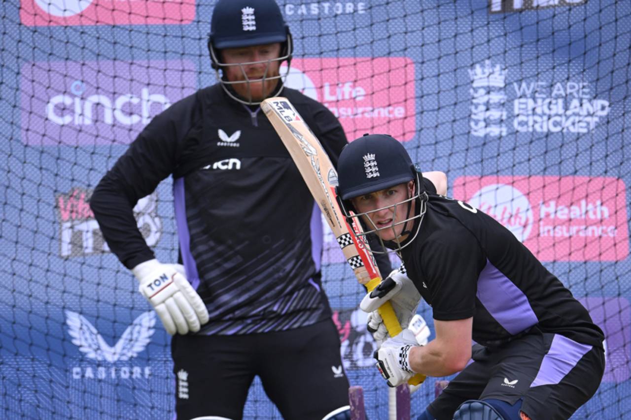 Harry Brook bats in the nets while Jonny Bairstow looks on, Headingley, May 21, 2024