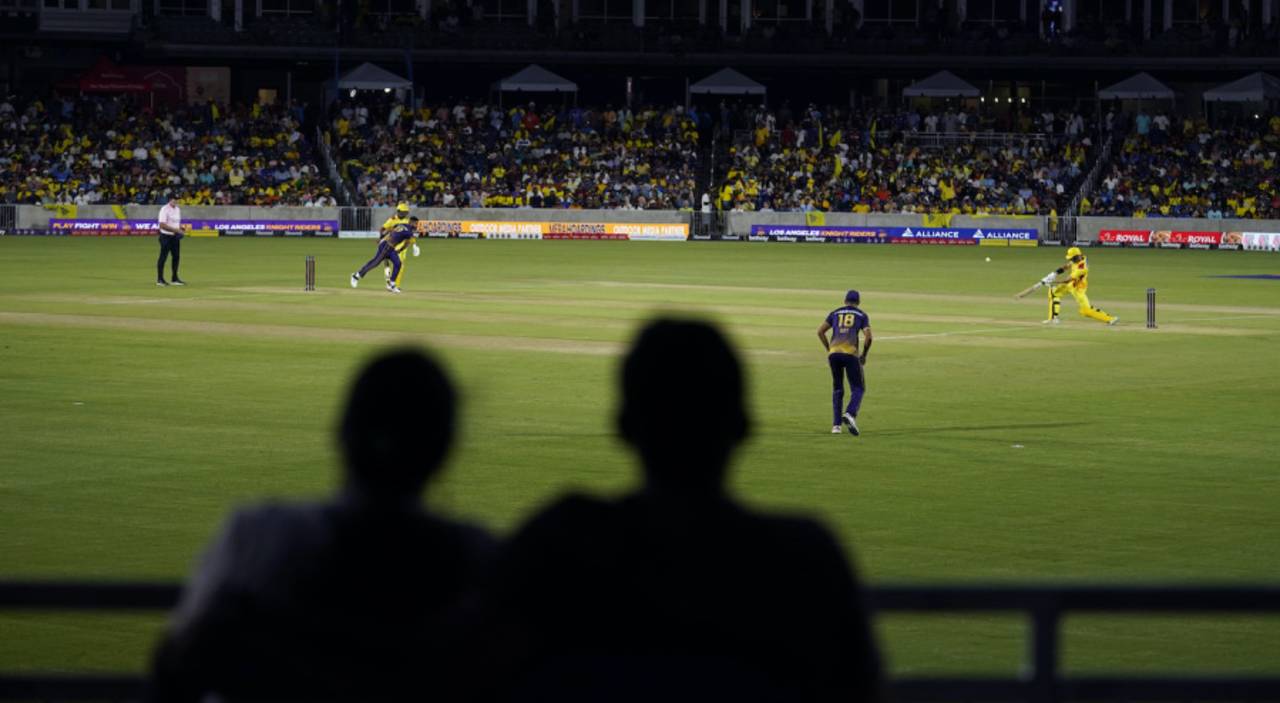 Fans watch the first ever MLC game, Texas Super Kings vs LA Knight Riders, Major League Cricket, Grand Prairie, July 13, 2023
