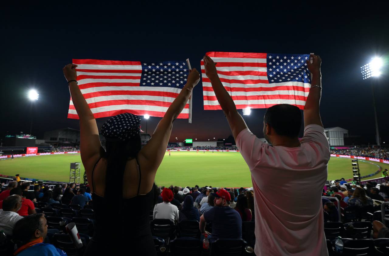 USA fans cheer their team with flags, USA vs Canada, T20 World Cup 2024, Group A, Dallas, June 1, 2024
