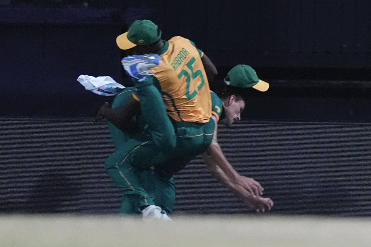 Kagiso Rabada collides with Marco Jansen, West Indies vs South Africa, T20 World Cup 2024, Super Eight, North Sound, June 23, 2024