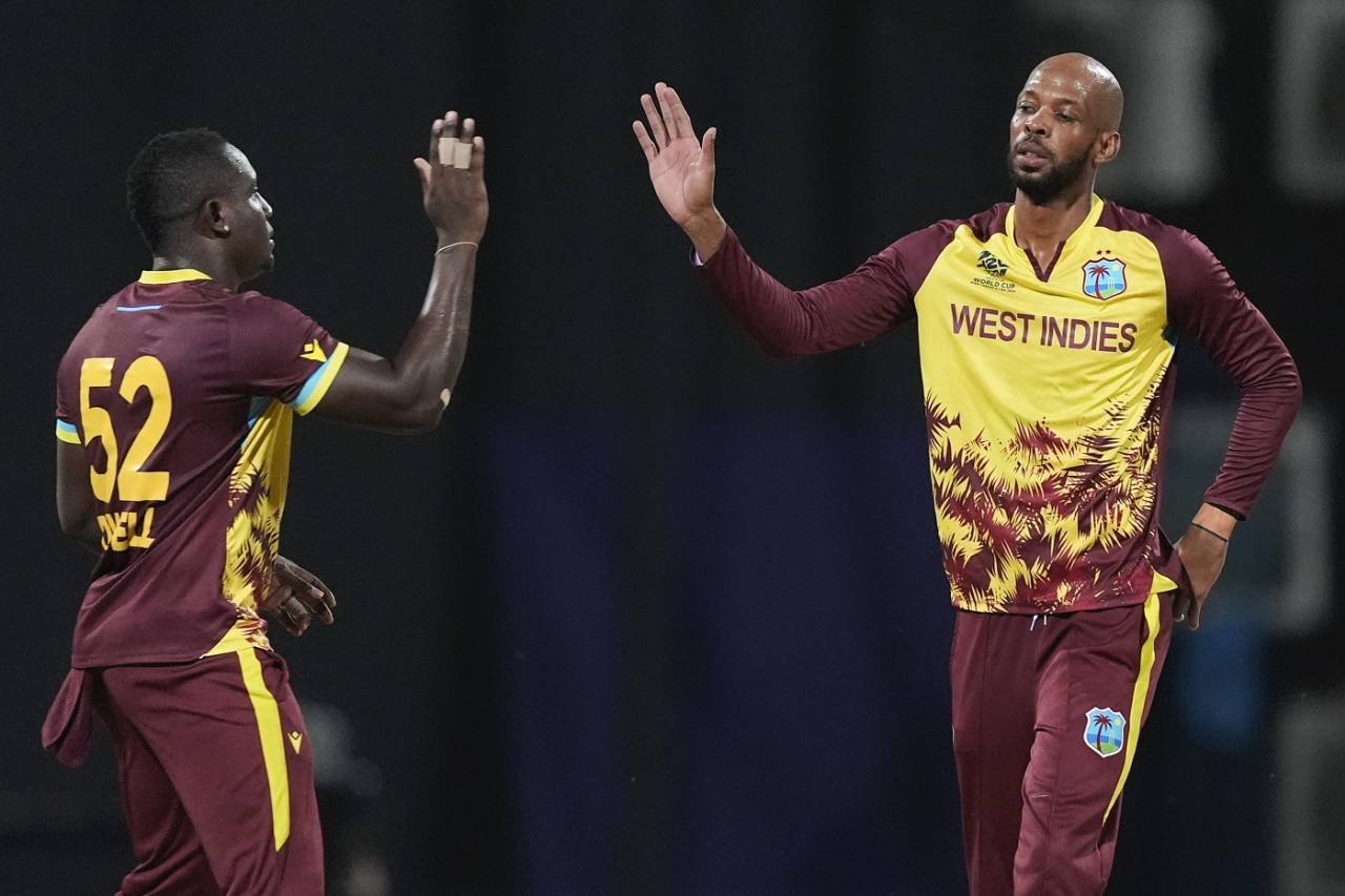 Rovman Powell and Roston Chase celebrate a wicket, West Indies vs South Africa, T20 World Cup 2024, Super Eight, North Sound, June 23, 2024