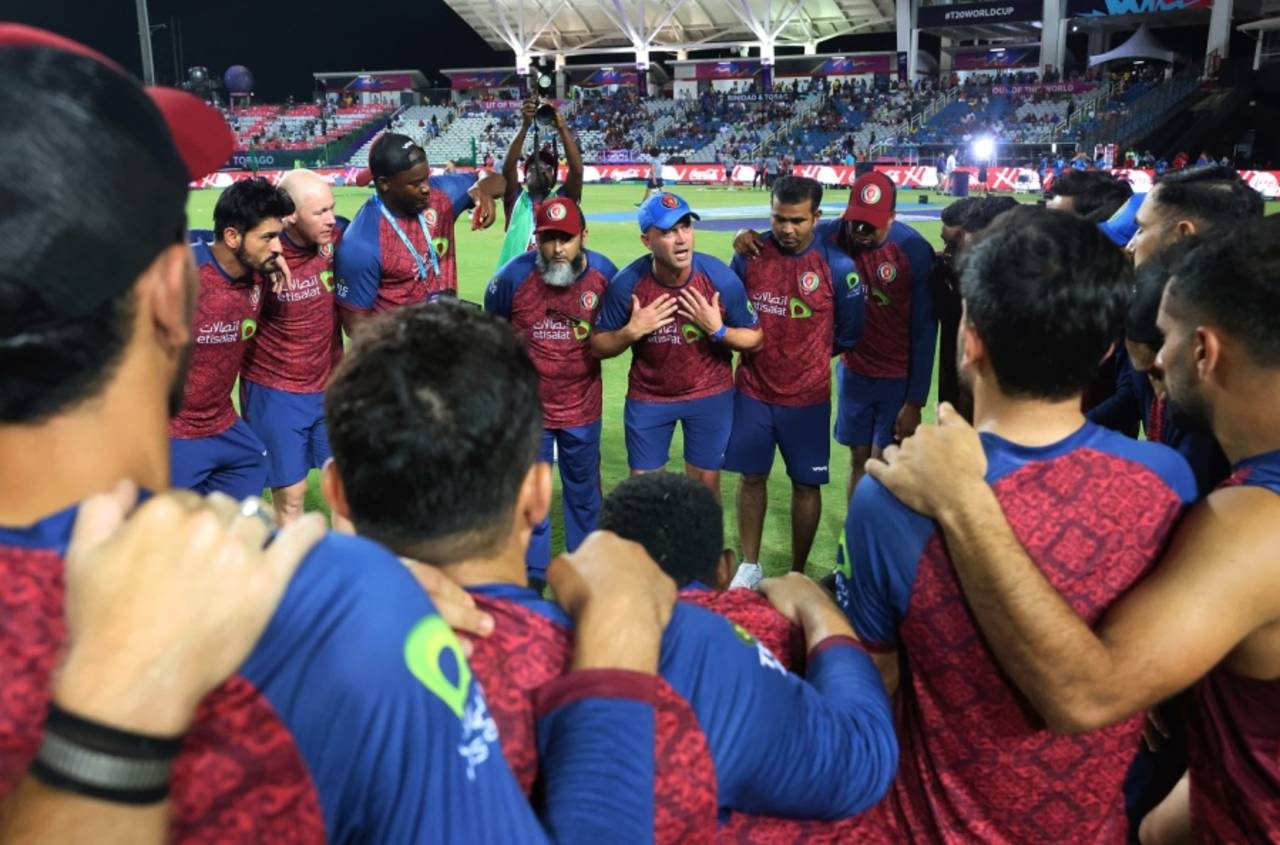 Jonathan Trott speaks in the team huddle, Afghanistan vs South Africa, 1st semi-final, Tarouba, T20 World Cup, June 26, 2024