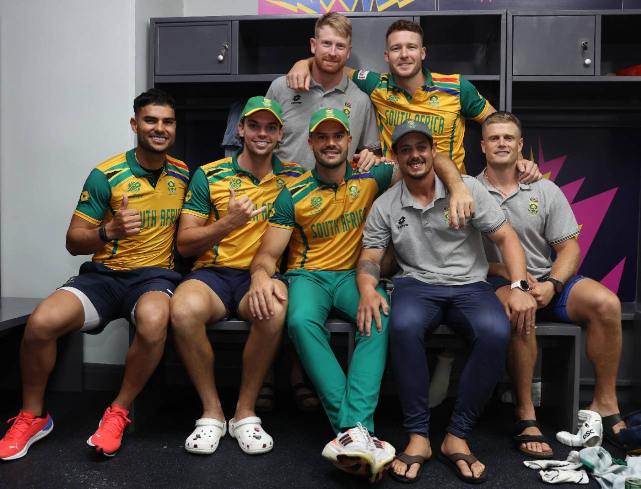 The South African players after winning the semi-final of the T20 World Cup, Afghanistan vs South Africa, T20 World Cup semi-final, Tarouba, Trinidad, June 26, 2024