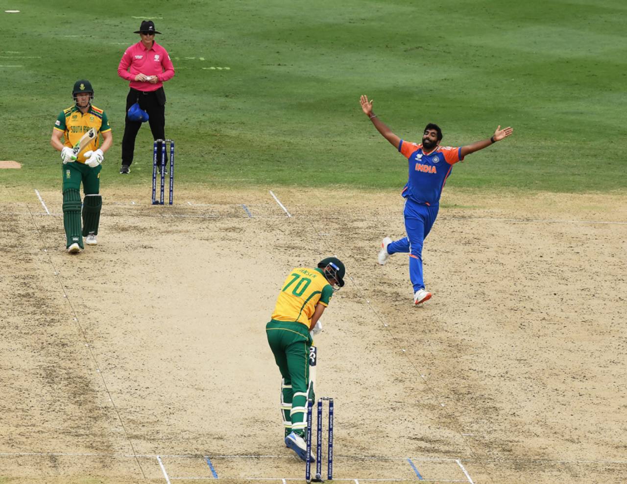 Jasprit Bumrah bowls Marco Jansen, India vs South Africa, T20 World Cup final, Bridgetown, Barbados, June 29, 2024