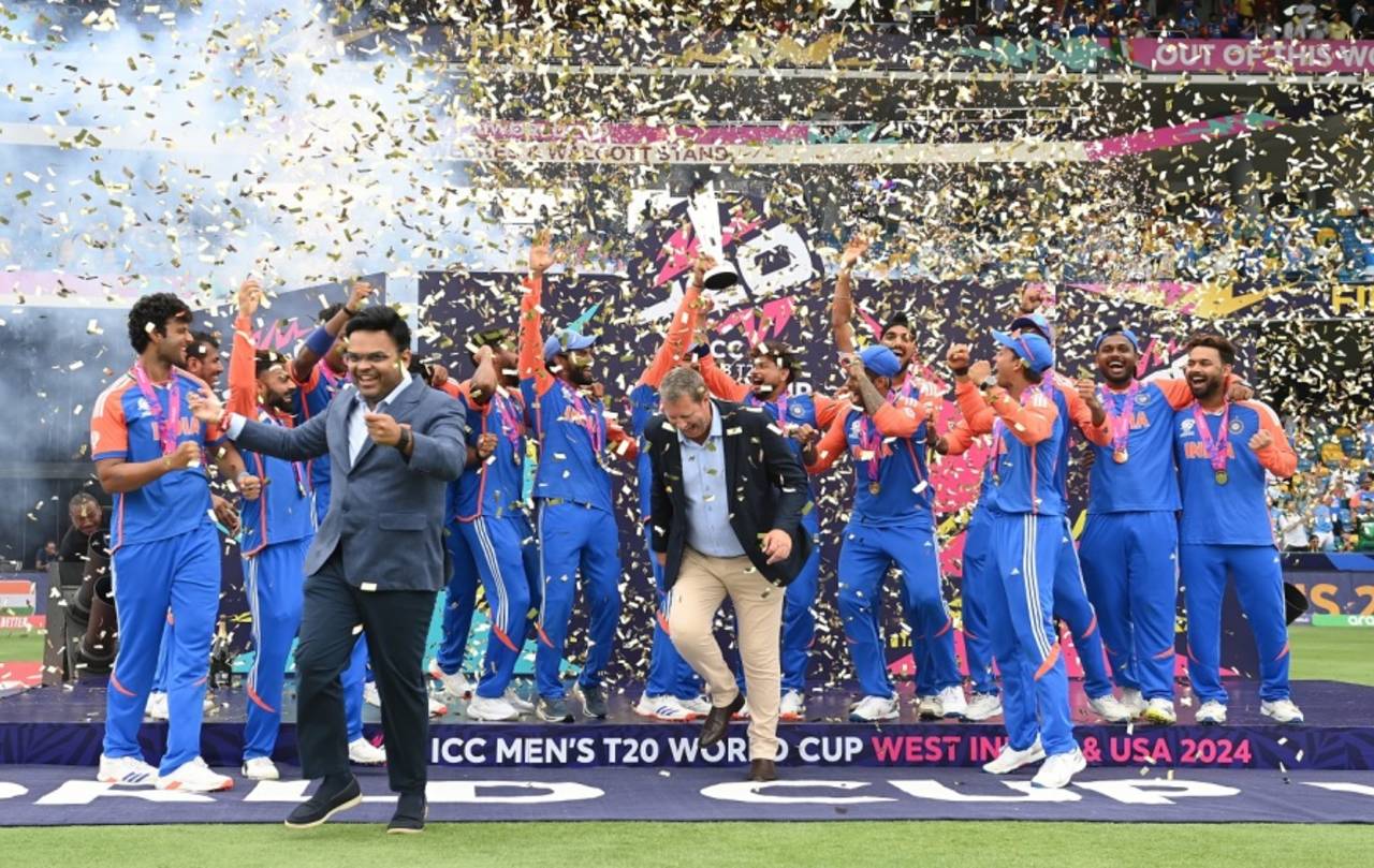 BCCI secretary Jay Shah and ICC cheif Greg Barclay get out of the way for India to celebrate their World Cup win on the podium, India vs South Africa, T20 World Cup final, Bridgetown, Barbados, June 29, 2024