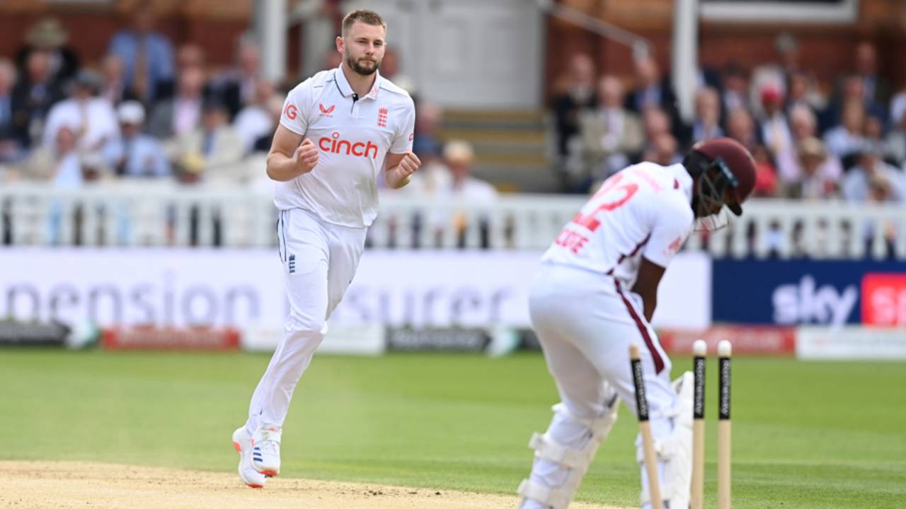 Gus Atkinson celebrates his eighth wicket on debut after Kavem Hodge's chop-on, England vs West Indies, 1st Men's Test, Lord's, 2nd day, July 11, 2024