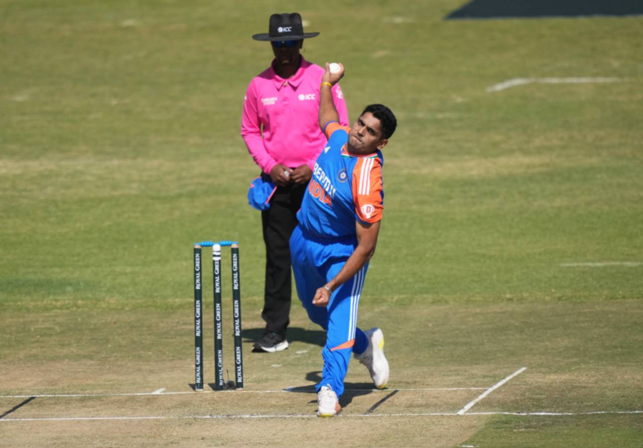 Tushar Deshpande delivers the ball on his international debut, Zimbabwe vs India, 4th men's T20I, Harare, July 13, 2024