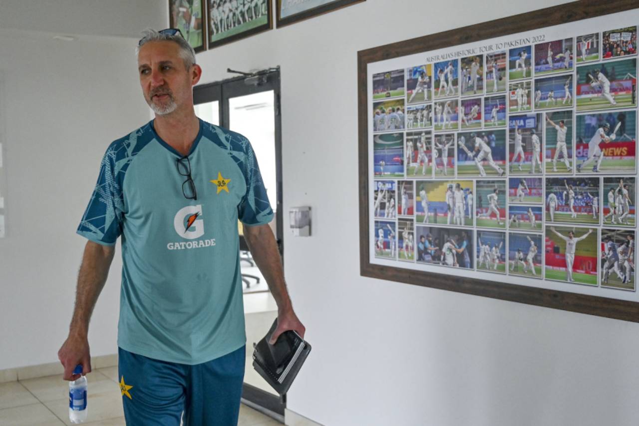 Pakistan's Test coach Jason Gillespie arrives to speak to the media, Karachi, July 7, 2024