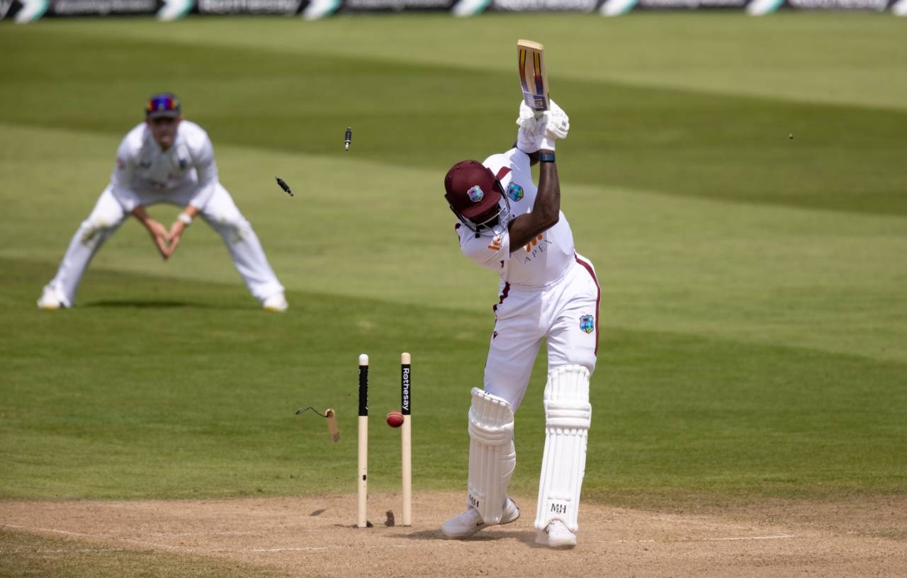 Mark Wood makes a mess of Alzarri Joseph's stumps, England vs West Indies, 3rd Test, 3rd day, Edgbaston, Birmingham, July 28, 2024