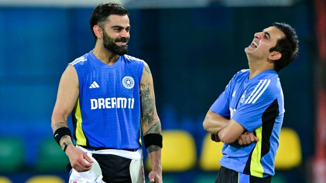 Virat Kohli and Gautam Gambhir share a light moment during training, Colombo, July 31, 2024