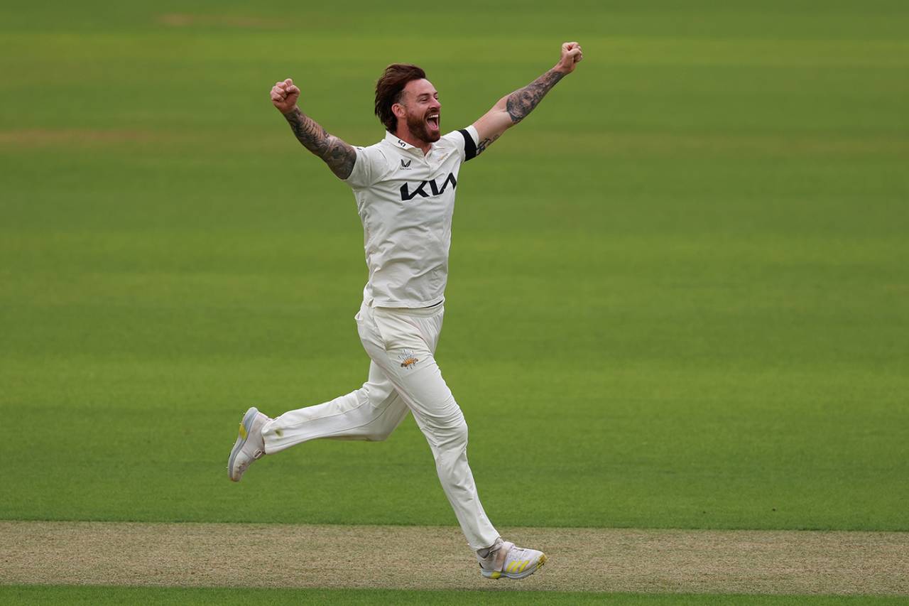 Jordan Clark celebrates a wicket, Surrey vs Lancashire, Vitality County Championship, Division One, Kia Oval, August 22, 2024