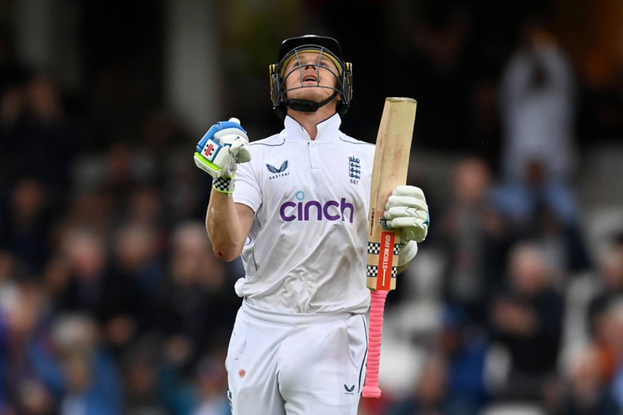Ollie Pope looked relieved upon reaching three figures, England vs Sri Lanka, 3rd Men's Test, Day 1, The Oval, September 6, 2024