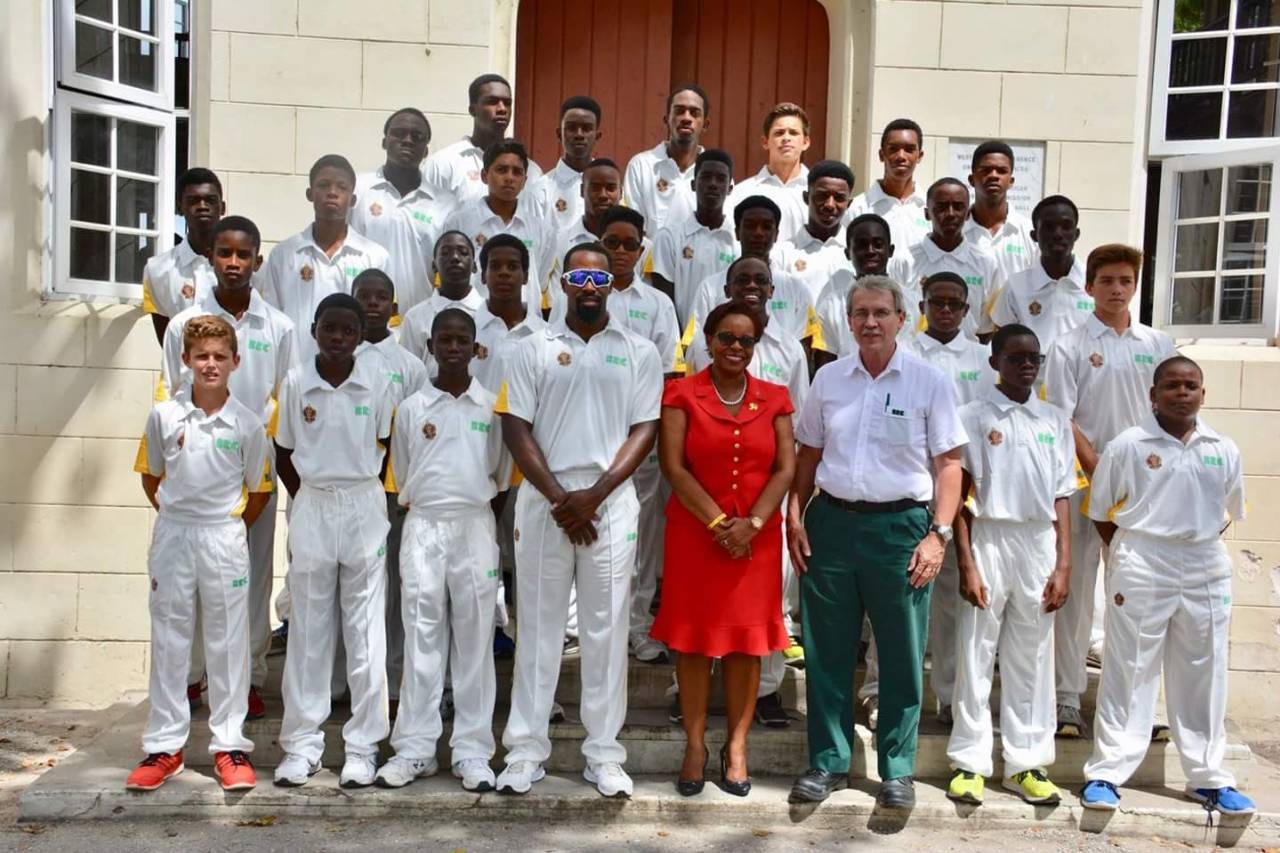 Harrison College cricket team, circa 2016, featuring Jacob Bethell (front left) and coach Corey Edwards (centre)