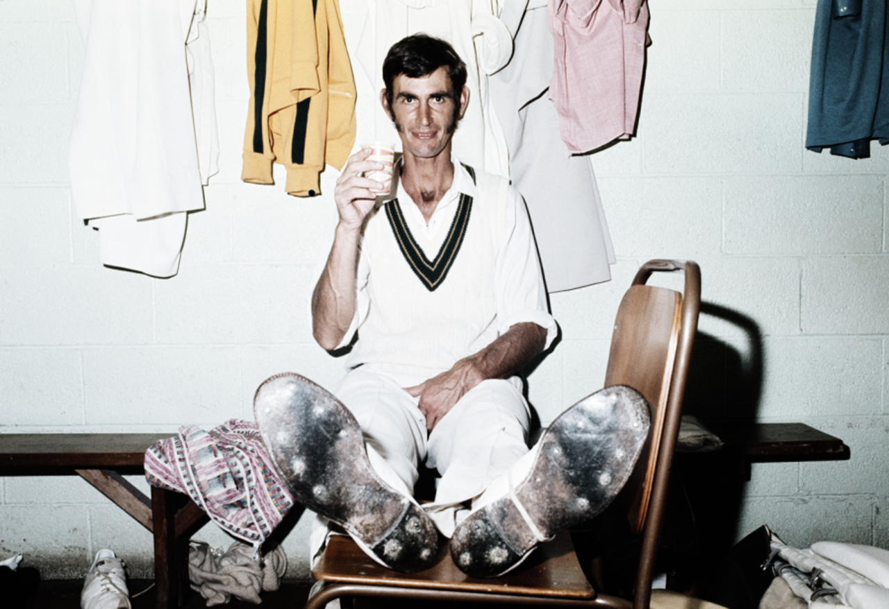 Ian Redpath sits with his feet up and enjoys a drink in the dressing room after his Player-of-the-Match performance, Australia vs West Indies, 6th Test, Melbourne, 5th day, February 5, 1976