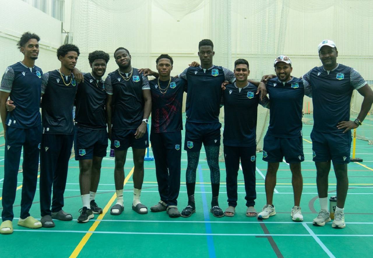 Ackeem Auguste, Teddy Bishop, Jordan Johnson, Kirk McKenzie, Jewel Andrew, Kevin Wickham and Matthew Nandu with coaches Ramesh Subasinghe and Rohan Nurse at the Super Kings Academy, Chennai, December 12, 2024
