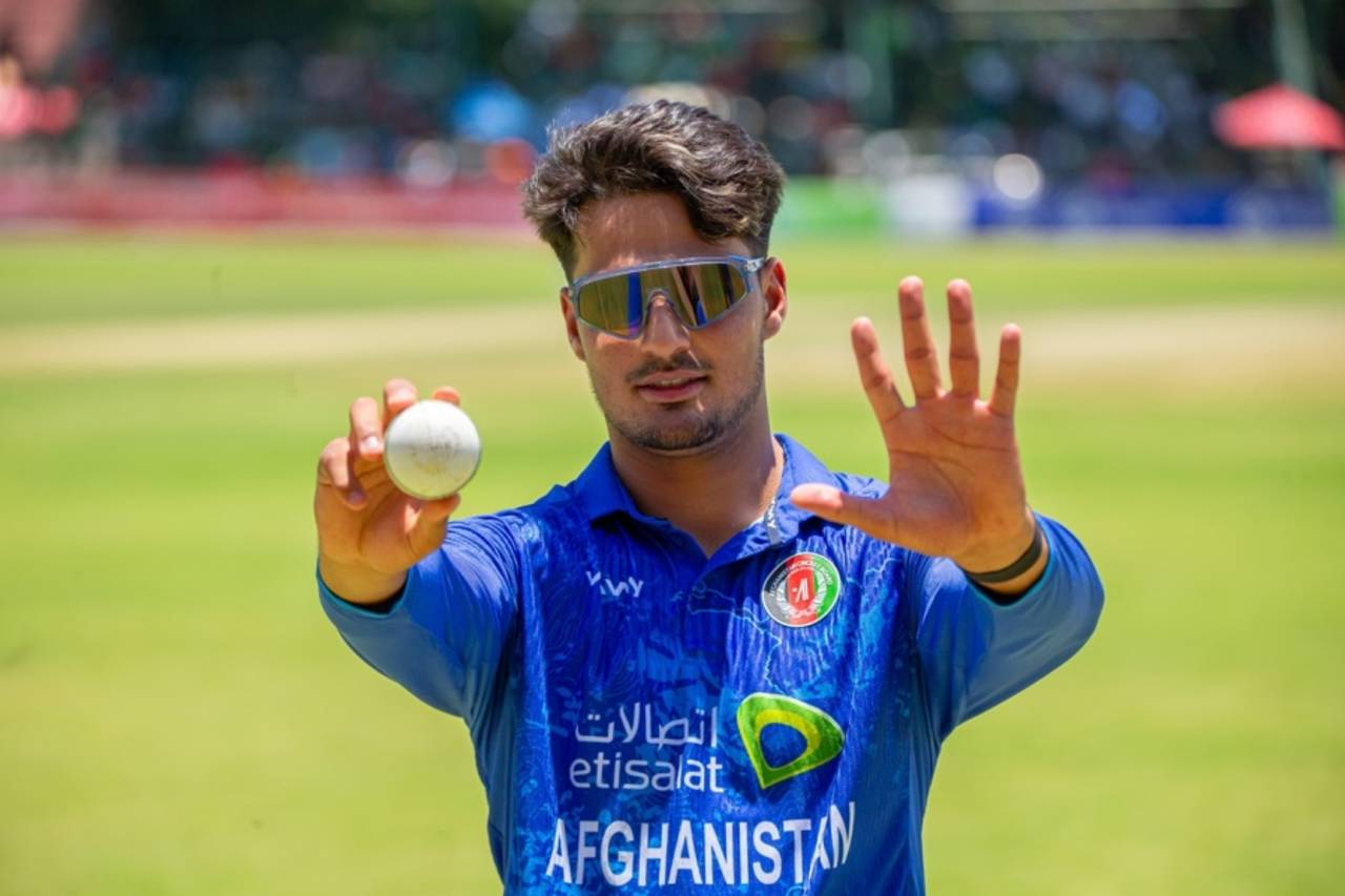 AM Ghazanfar holds up the match ball after his five-for, Zimbabwe vs Afghanistan, 3rd ODI, Harare, December 21, 2024
