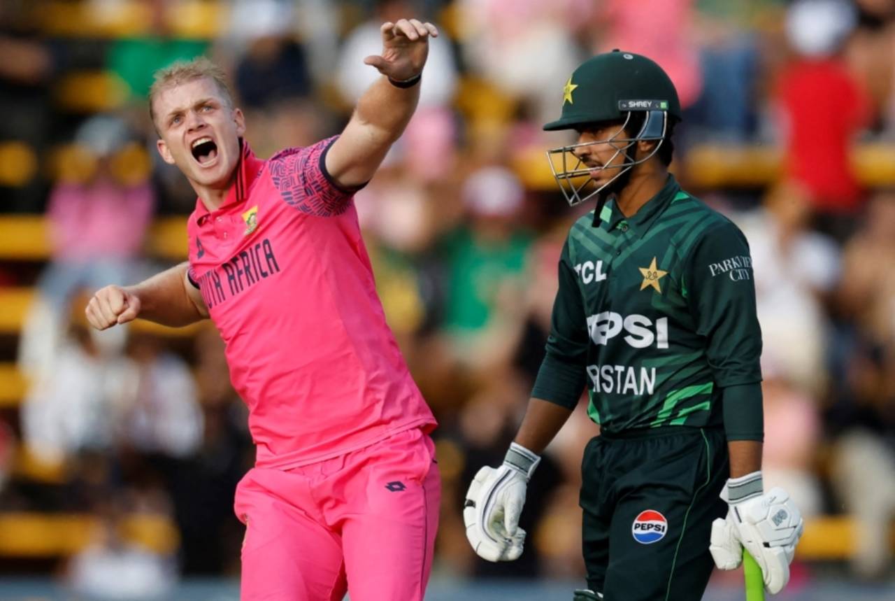 Corbin Bosch exults after taking his maiden ODI wicket, South Africa vs Pakistan, 3rd ODI, Johannesburg, December 22, 2024