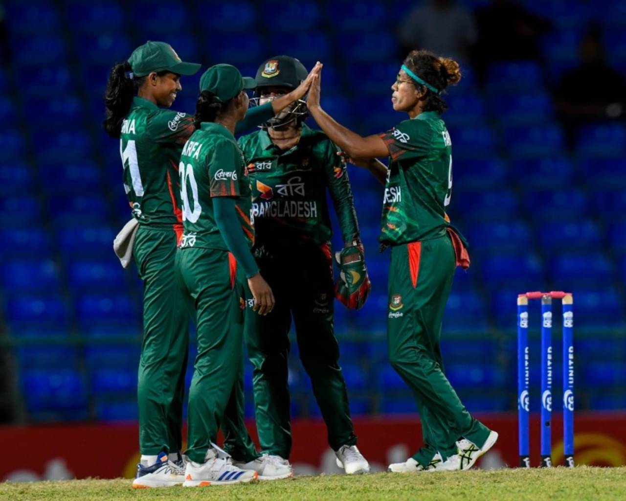 Fahima Khatun (far right) picked up two wickets with her legbreaks, West Indies vs Bangladesh, 2nd women's ODI, Basseterre, January 21, 2025