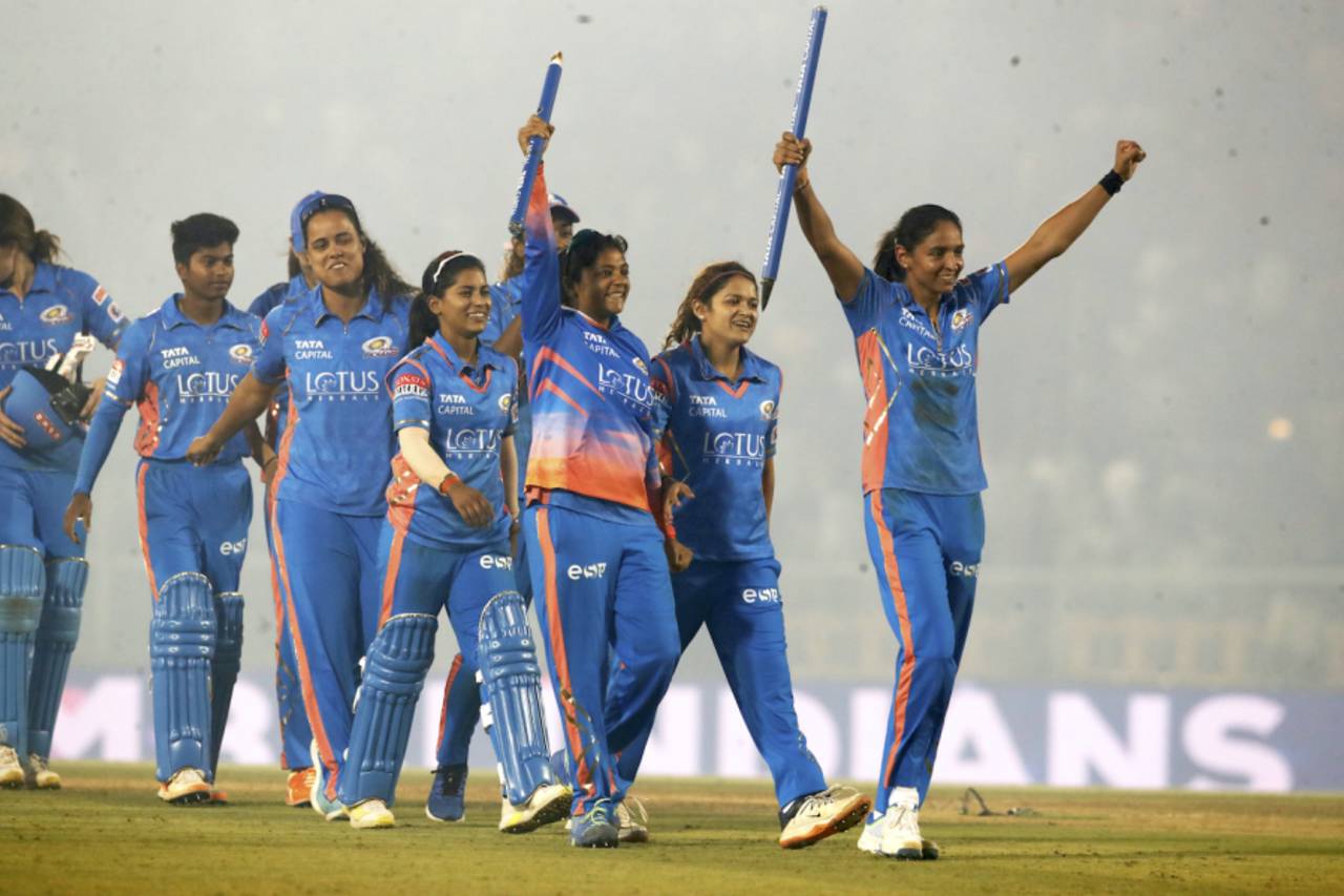 There were celebrations in the Mumbai camp after they won the inaugural WPL, Delhi Capitals vs Mumbai Indians, final, Brabourne, Women's Premier League, March 26, 2023