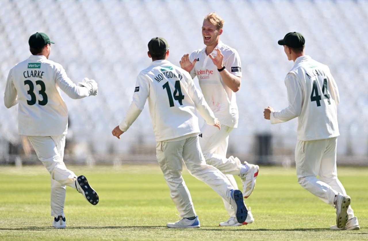 Dillon Pennington celebrates a breakthrough for Nottinghamshire, Nottinghamshire vs Durham, County Championship Division One, Trent Bridge, April 7, 2025