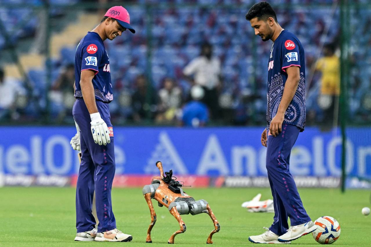 Yashasvi Jaiswal greets the robot dog before the match, Delhi Capitals vs Rajasthan Royals, IPL 2025, Delhi, April 16, 2025