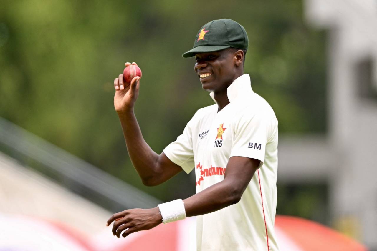 Blessing Muzarabani shows off the match ball after his six-wicket haul, Bangladesh vs Zimbabwe, 1st Test, Sylhet, 4th day, April 23, 2025