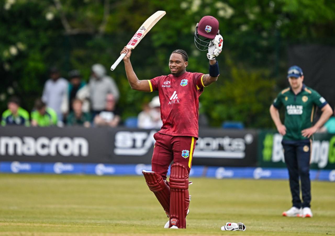 Keacy Carty celebrates his century, Ireland vs West Indies, 2nd ODI, Dublin, May 23, 2025