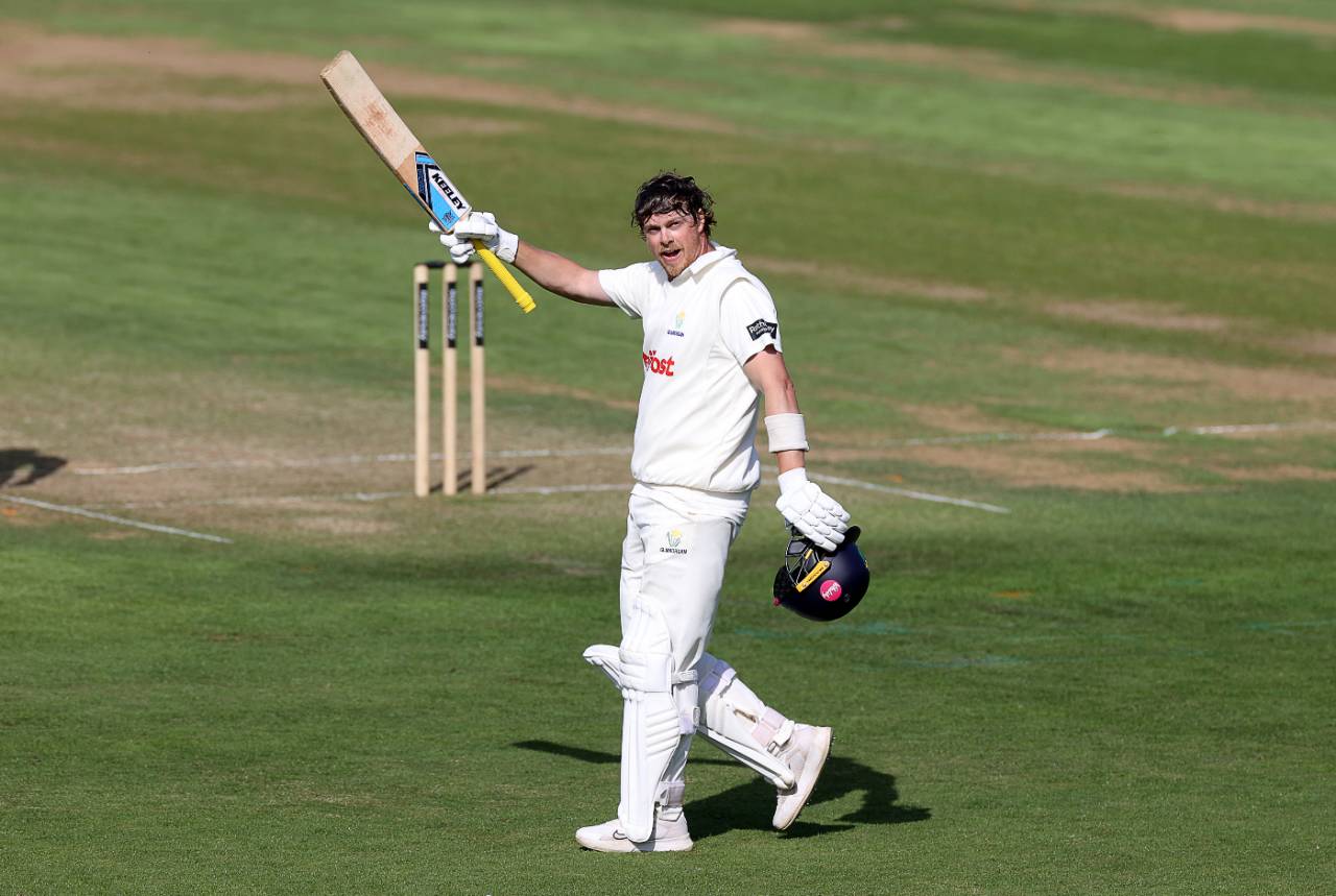 Sam Northeast celebrates his first century of the season, Glamorgan vs Middlesex, County Championship, Cardiff, May 23, 2025