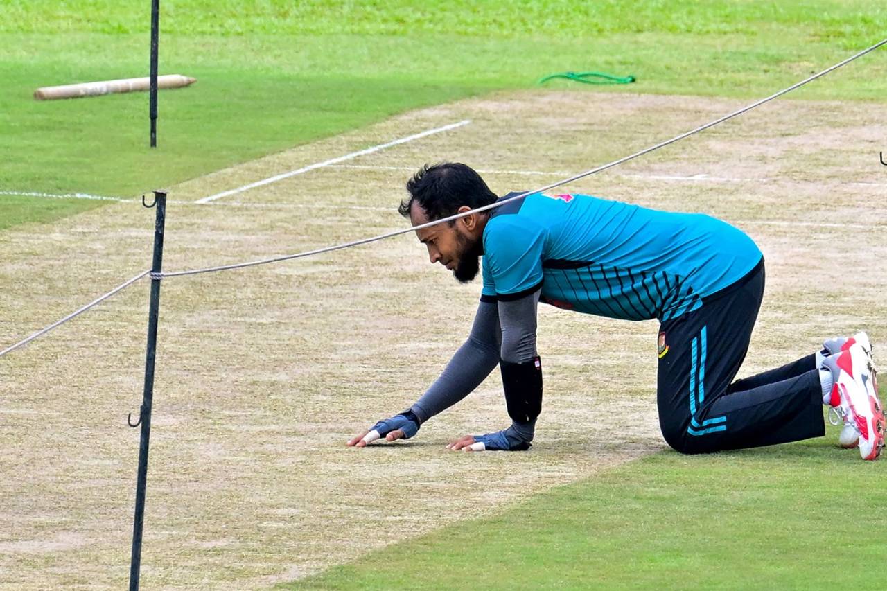 Mushfiqur Rahim inspects the Galle pitch, Galle, June 15, 2025