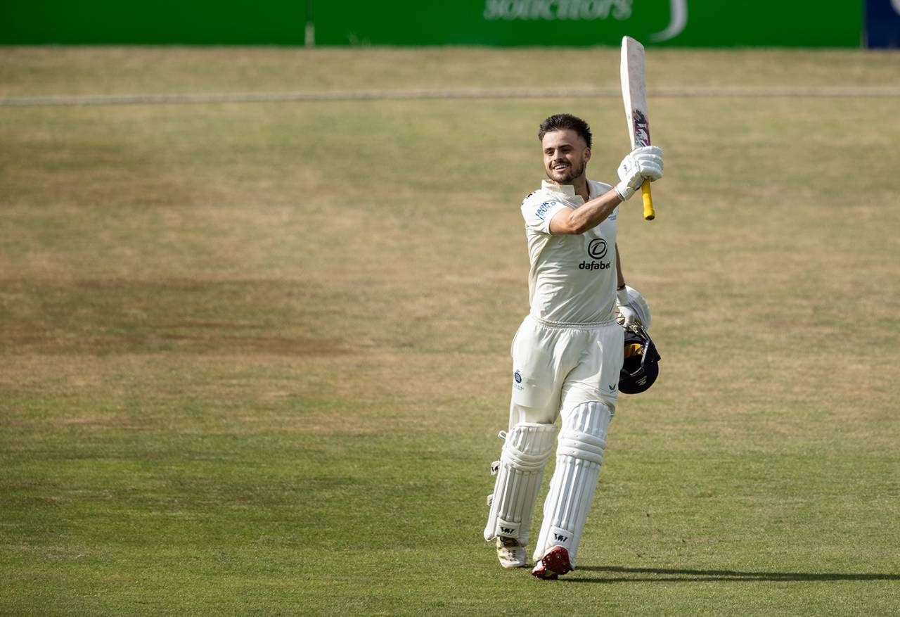Joe Cracknell celebrates his maiden first-class hundred, Northamptonshire vs Middlesex, County Championship, June 22, 2025