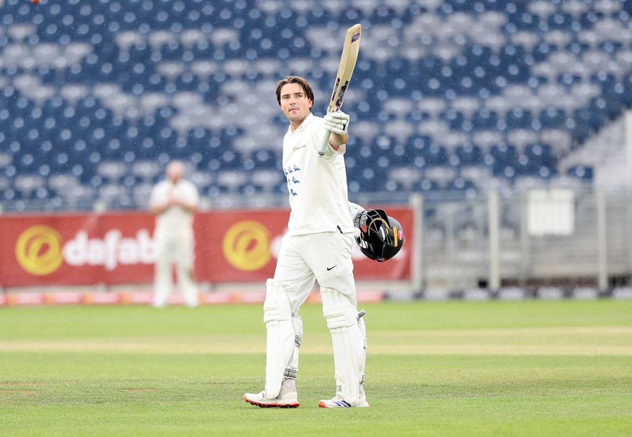 James Coles raises his bat on reaching a century, Durham vs Sussex, County Championship, Chester-le-Street, June 22, 2025