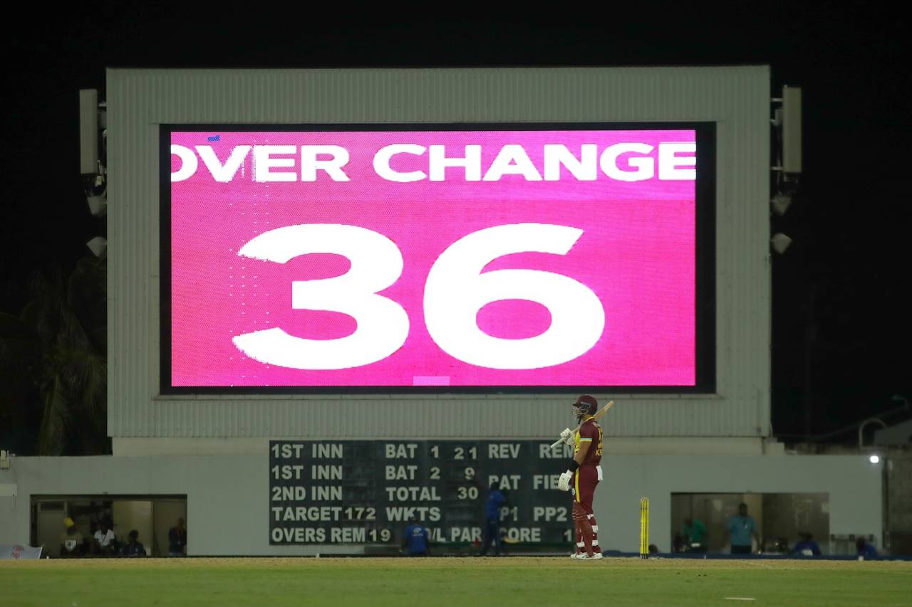 The stop clock is shown on the big screen, West Indies vs England, 1st T20I, Barbados, December 12, 2023
