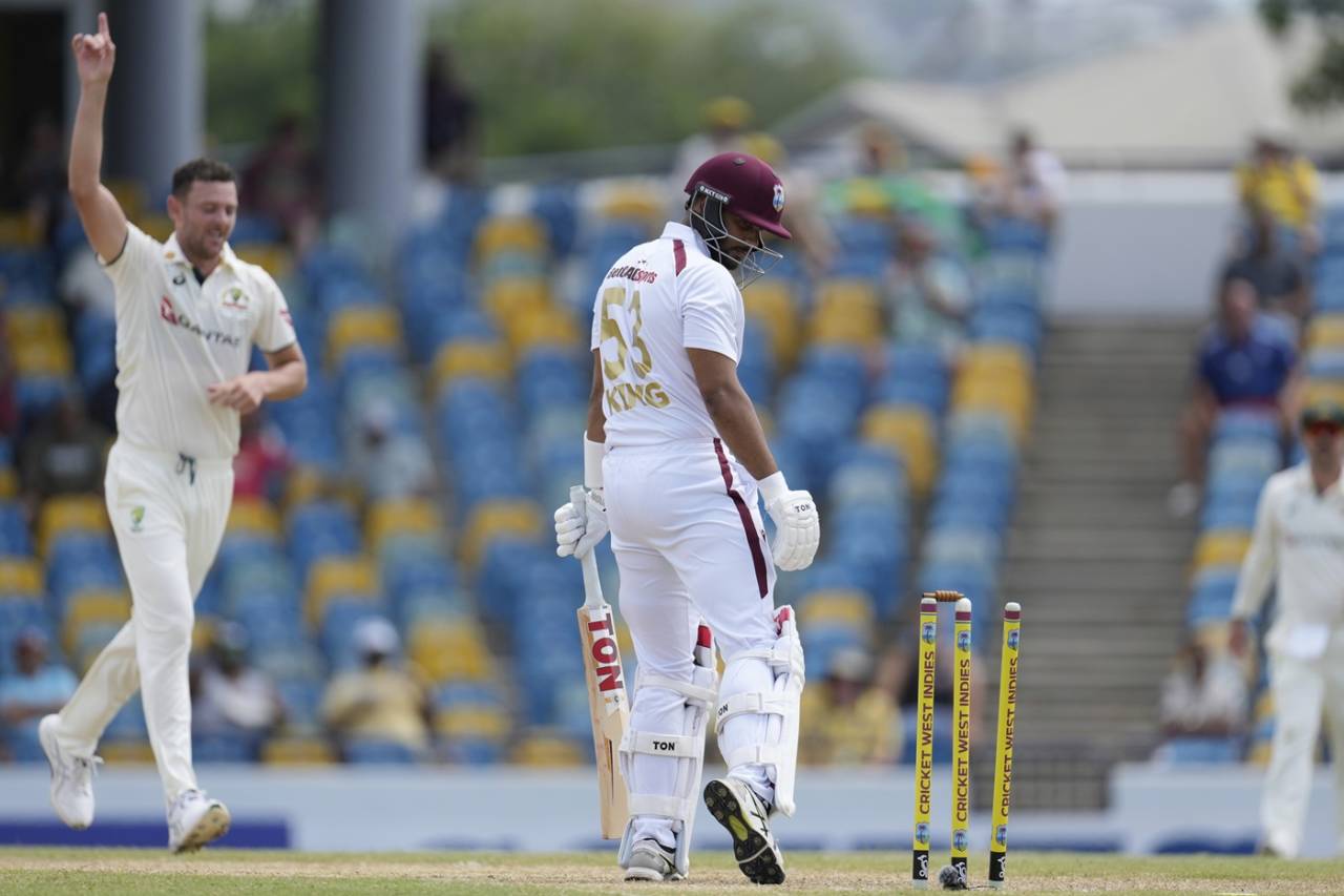Brandon King is cleaned up, West Indies vs Australia, 1st Test, day 2, Barbados, June 26, 2025