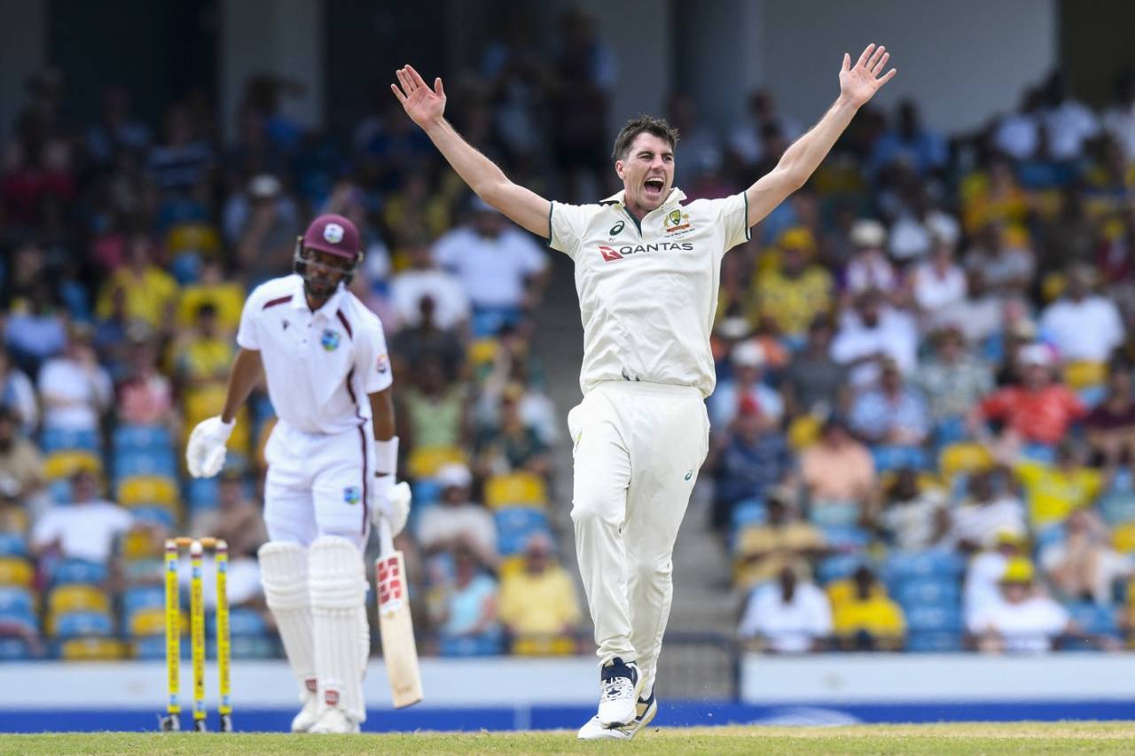 Pat Cummins trapped Roston Chase lbw on 40, West Indies vs Australia, 1st Test, day 2, Barbados, June 26, 2025