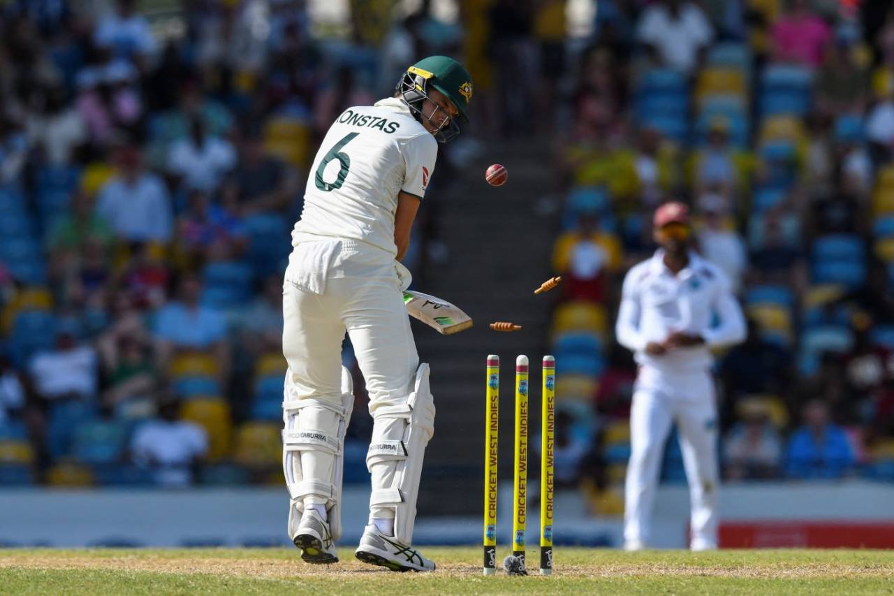 Sam Konstas chopped on, West Indies vs Australia, 1st Test, day 2, Barbados, June 26, 2025